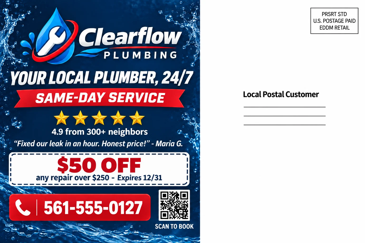 Sample postcard back with offer, QR code and address area