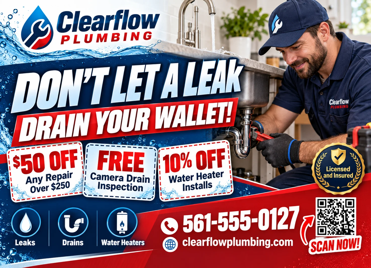 Sample plumbing postcard front with offer coupons