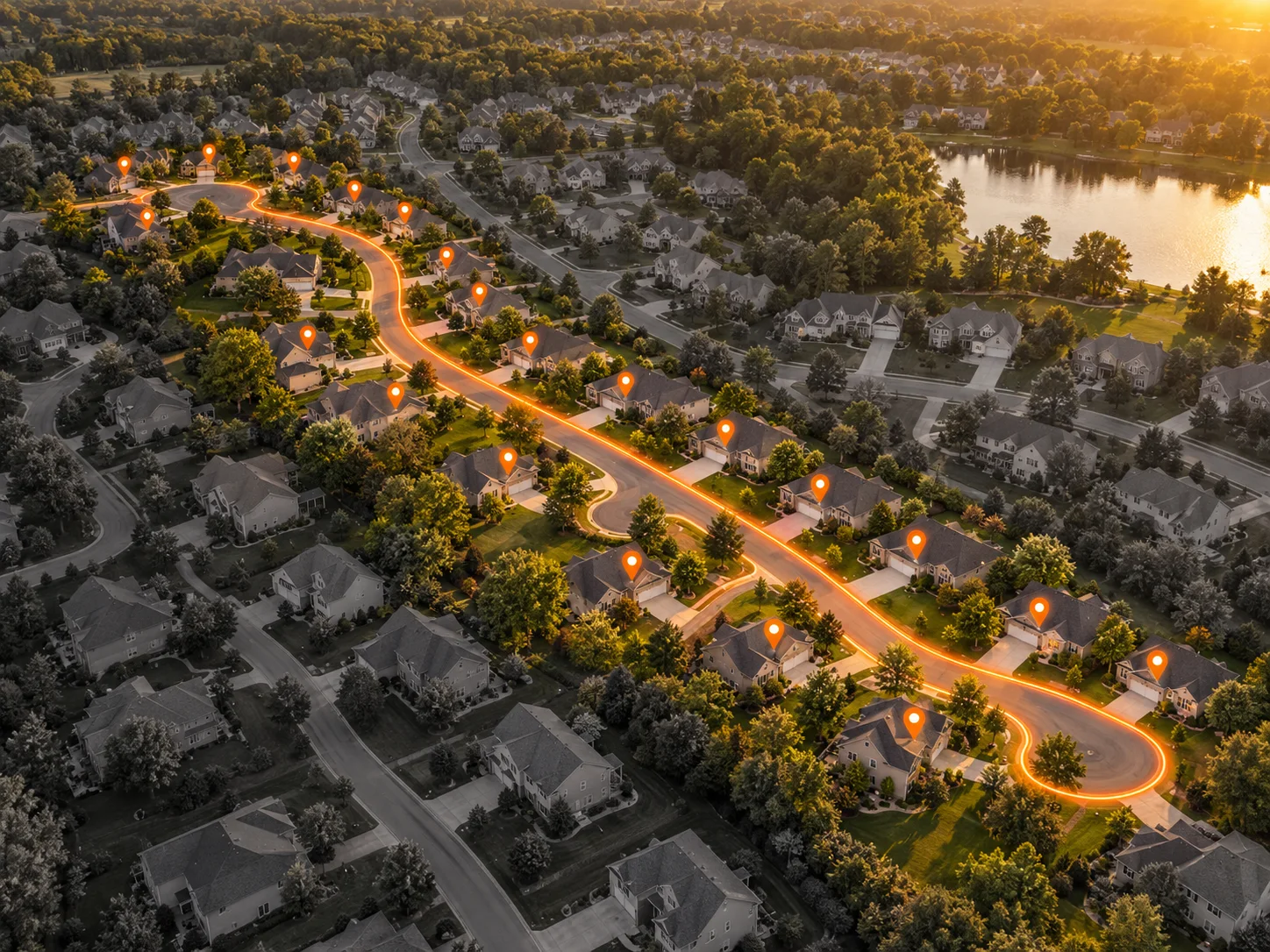 Aerial view of a neighborhood with one mail route highlighted in orange