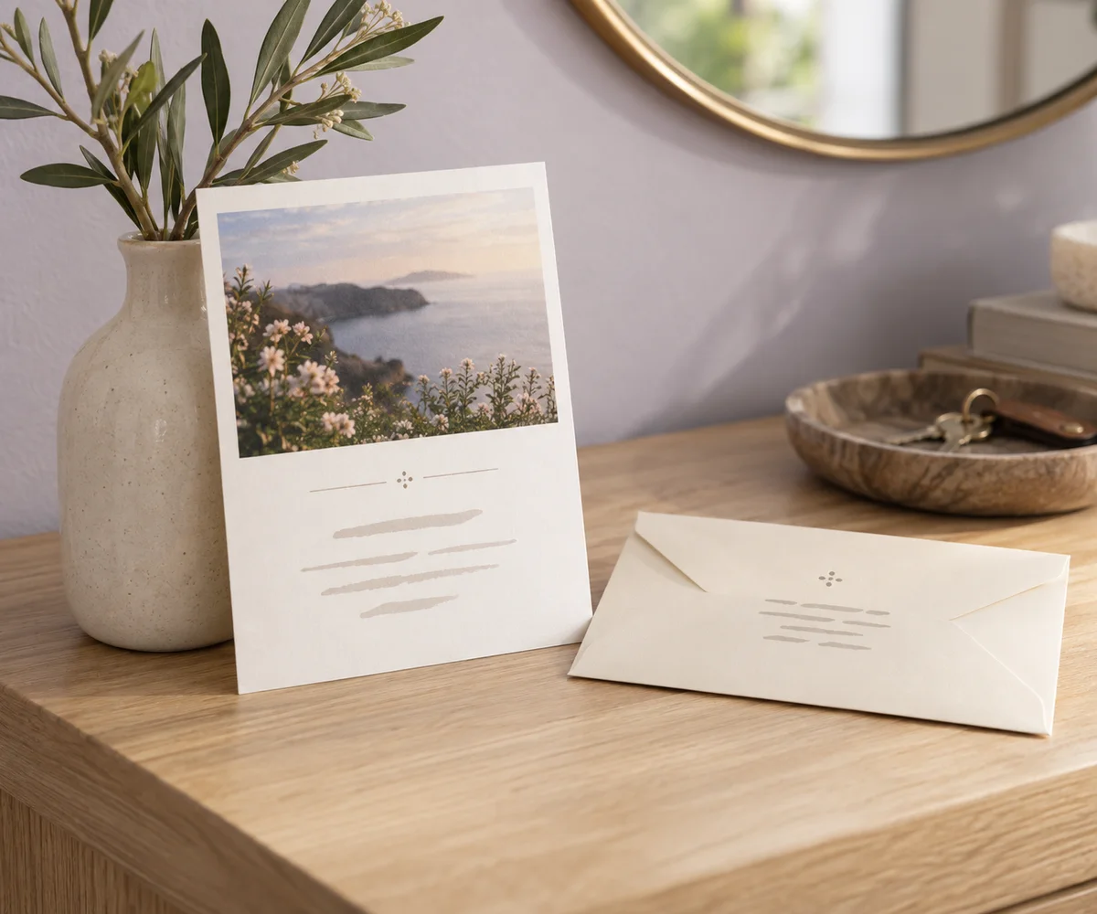 Printed thank-you card standing on a table