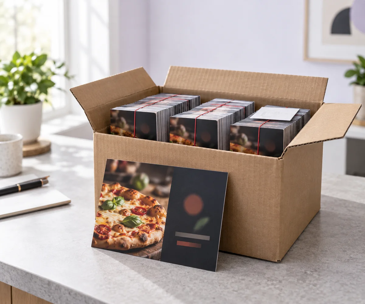 Box of printed postcards shipped to a business